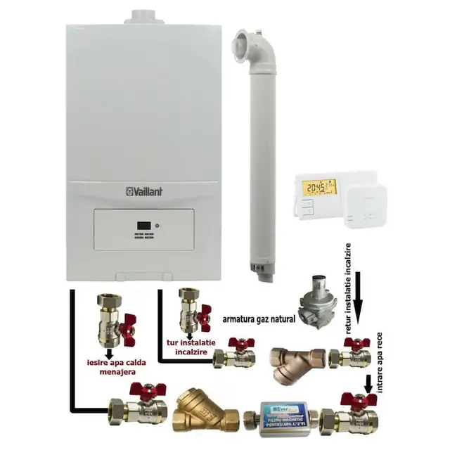 Pachet Centrala termica in condensatie Vaillant ecoTEC Pure VUW 236/7-2, 23 kw, murala, afisaj digital, schimbator caldura inox, kit de evacuare, termostat si fitinguri montaj