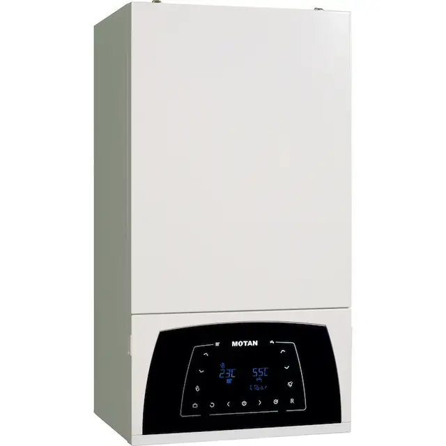 Centrala termica in condensare Motan Condens Plus 100 C38GC25V1, 25 kw, schimbator principal inox, schimbator secundar supradimensionat, raport de modulare 1:10, grup hidraulic din bronz, fara kit de evacuare