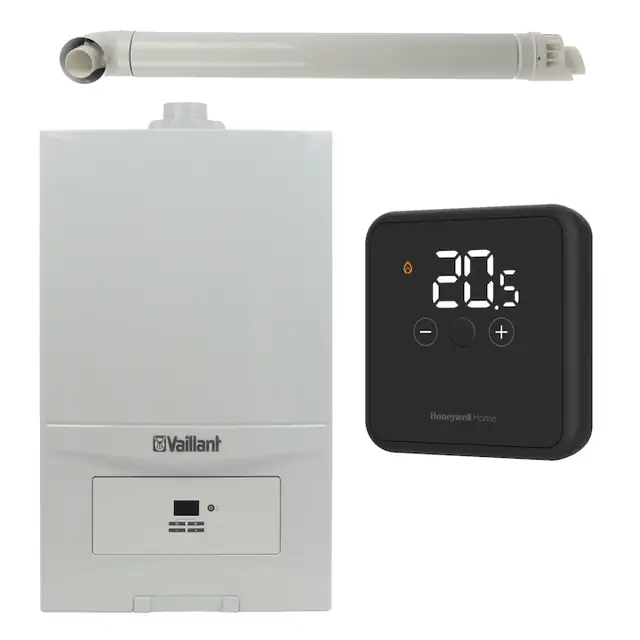 Pachet centrala termica Vaillant VUW 286/7-2 ecoTEC Pure 28 kW, gaz natural + GPL, murala, termostat Honeywell DT4R si kit evacuare RTM incluse