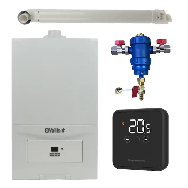 Pachet centrala termica Vaillant VUW 236/7-2 ecoTEC Pure 23 kW, gaz natural + GPL, murala, termostat Honeywell DT4R, filtru antimagnetita RTM 3/4" si kit evacuare RTM incluse