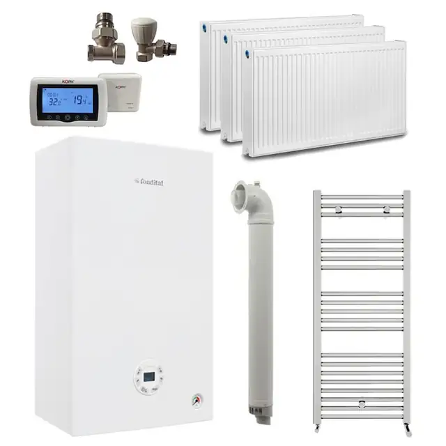 Pachet apartament cu 2 camere, centrala termica pe gaz in condensare Fondital Tenerife KC 24 kW, Calorifere, Termostat Inteligent, Set robineti calorifere, Kit evacuare inclus