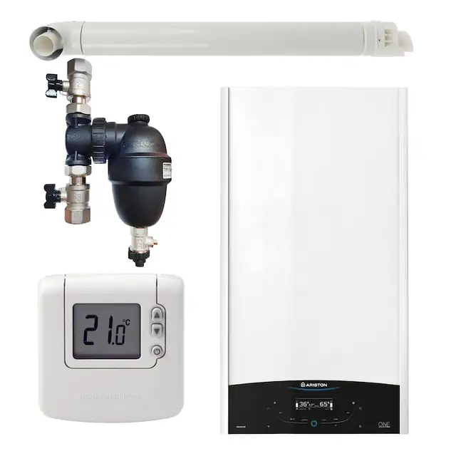 Pachet centrala termica murala Ariston GENUS ONE+ System 35 kW, in condensare, doar incalzire, termostat Honeywell Wireless DT92, filtru antimagnetita Fernox TF1 si kit de evacuare RTM incluse