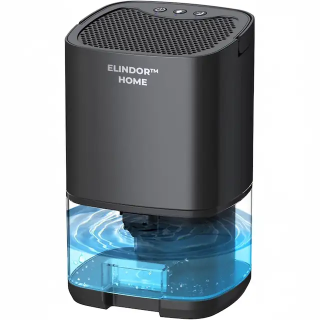 Dezumidificator Compact Elindor® pentru Aer Casa, Rezervor 1000ml, Ultra Silentios 35dB, Oprire Automata, Filtru Detasabil, 7 Lumini LED, Perfect pentru Dormitor, Baie, Living, Ajuta la Prevenirea Formarii Mucegaiului, 15 x 13 x 25 cm, Negru