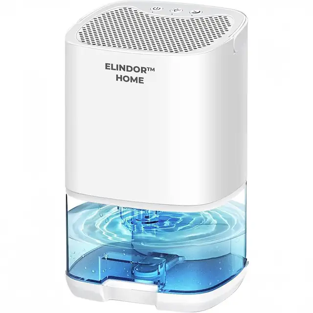 Dezumidificator Compact Elindor® pentru Aer Casa, Rezervor 1000ml, Ultra Silentios 35dB, Oprire Automata, Filtru Detasabil, 7 Lumini LED, Perfect pentru Dormitor, Baie, Living, Ajuta la Prevenirea Formarii Mucegaiului, 15 x 13 x 25 cm, Alb