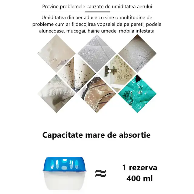 Dezumidificator pasiv reincarcabil cu parfum usor de vanilie si doua rezerve de 400g incluse pentru camere de pana la 35 m², Potrivit pentru camera de zi, dulapuri, bucatarie si baie, precum si pentru rulote si masini 13,5 x 13,5 x 11,5 cm