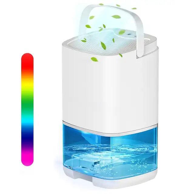 Dezumidificator pentru casa, Portabil si silentios, Rezervor 1000ml, Doua moduri de lucru si 7 lumini LED colorate, cu Functie de Uscare si Purificare a Aerului, pentru dormitor, subsol, baie, OUYLAF, Alb