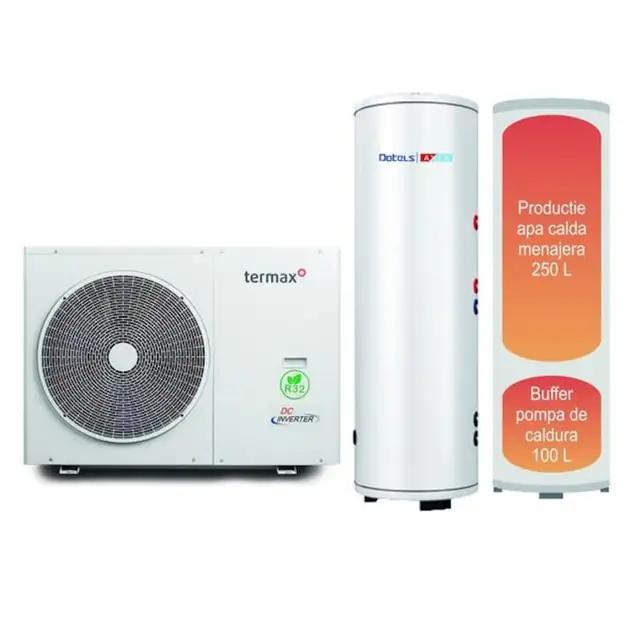 Pachet pompa de caldura Termax, 14 kW, monobloc, aer-apă, cu Wi-Fi și boiler stativ 2 in 1
