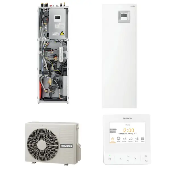 Pompa de caldura aer-apa, Hitachi, model Yutaki S Combi, putere utila maxima incalzire 8 kW, tip split, alimentare monofazata, R32, Boiler integrat in unitatea interioara, clasa energetica A+++ / A++