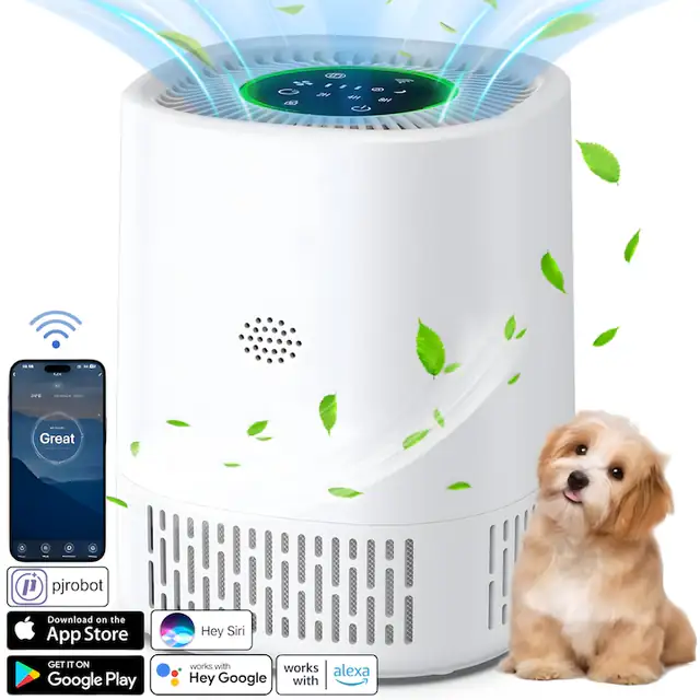 Purificator de aer Smart, Compact Butoarka® PJ07, Filtru 3 in 1 True HEPA H13 cu Carbon Activ, PM2.5, Acoperire 35m², Indicator calitate aer, 3 trepte viteza, Super Silent, Wi-Fi, APP Control, Asistent Vocal/Touch, Compatibil Alexa, Google Home, Siri, Alb