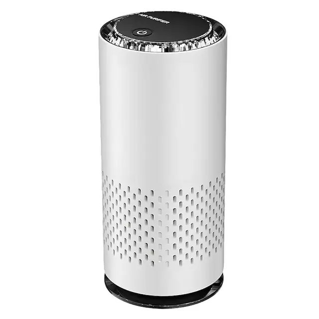 Purificator de Aer Portabil Airly™ pentru Masina/Birou, Filtrare 360°, Filtru HEPA H13, Carbon Activ si Mangan, Purificare in 4 Etape, Ioni Negativi, Iluminare Ambientala, Incarcare USB-C, Temporizator, 2 Viteze, Silentios, Design Modern, Alb