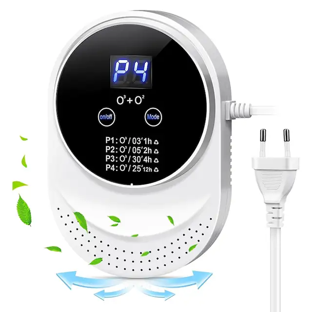 Purificator de aer Ozon, Omelivon, 5W, 150mg/h, Eliminare mirosuri animale, tutun, gatit, Stirilizare bacterii, virusi, Pentru suprafete de 5-30 mp, 99.99% eficienta, 4 moduri functionare, LCD, Mini generator de ozon purificator de aer, Portabil, Alb