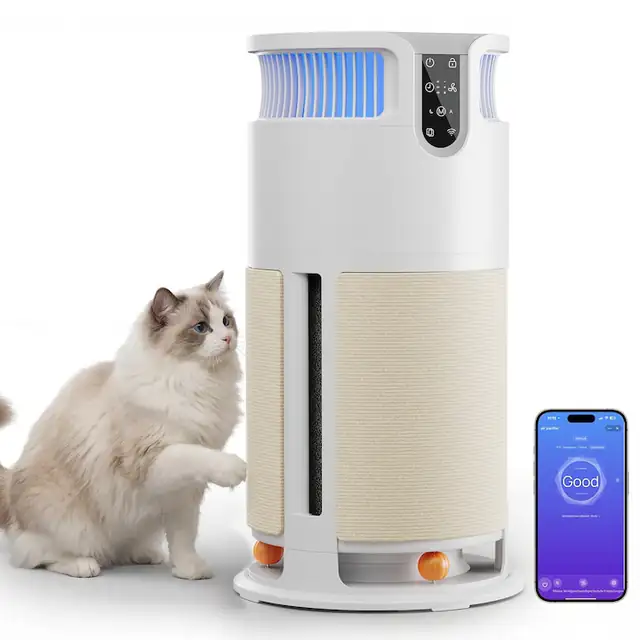 Purificator de aer inteligent pentru animale de companie JUMMICO, Telecomanda APP.Acest purificator de aer indeparteaza 99, 98% mucegai, praf, polen, par de animale de companie.Cu zgarieturi si jucarii – ideal pentru gospodariile cu animale