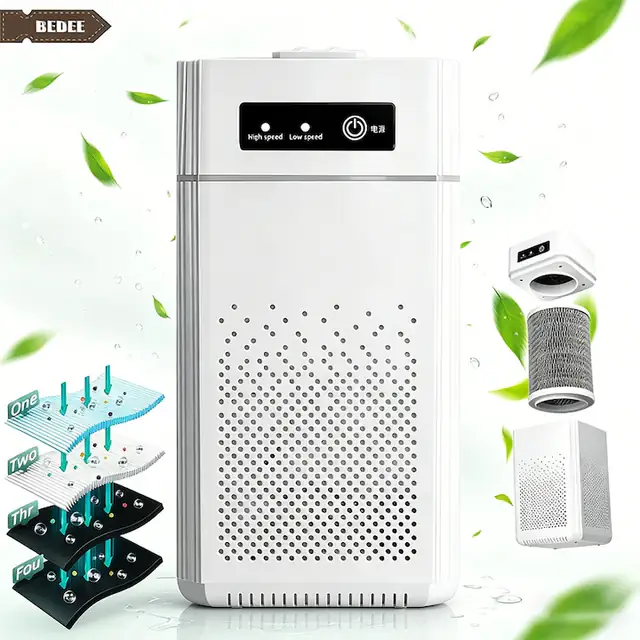 Purificator de aer, Bedee, HEPA, 800m³/h, 35dB, Carbon activ, Sterilizare, Purificare, Pentru fumul animalelor de companie, polenul, matreata parului, purificator de aer pentru birou, sufragerie/bucatarie,12.5x24.5cm, Alb