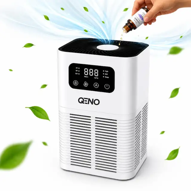 Purificator de aer Smart Filtrare 3in1 QENO® VENTRO, CADR: Max 100 m³/h, Compatibil cu ulei esential Aromaterapi, Filtrare PP, HEPA 13 si Carbon activ, 20 Milioane/cm3 IONI Negativi, 3 Viteze, Functie Sleep 22-48 dB foarte silentios, Alb