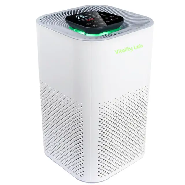 Purificator aer Vitality Lab™ Fresh Sense, 50 m², CADR 400 m³/h, senzori TVOC si miros, sterilizare UV-C, filtrare HEPA H13 si carbon activ, ionizare 50 milioane anioni/secunda, control inteligent WiFi iOS/Android