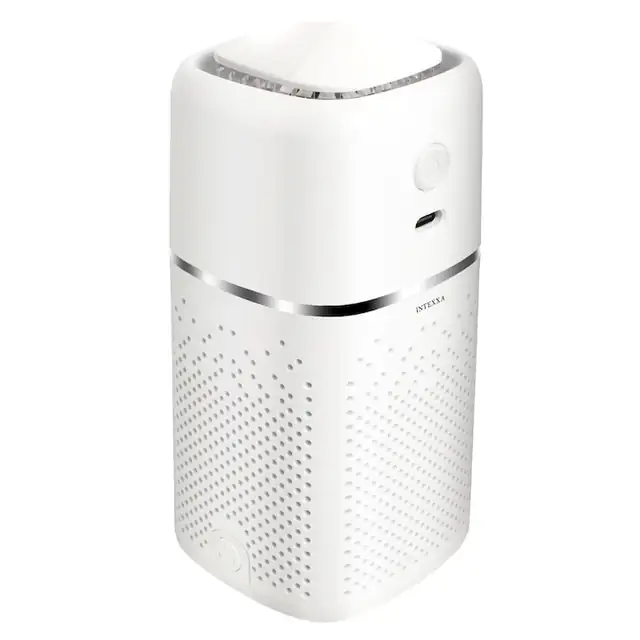 Purificator de Aer Auto INTEXXA®, Ionizare negativa, Filtru True HEPA si Carbune Activ, Elimina mirosurile, Formaldehida, Polenul, Fumul, Praful, Acoperire 10m3, USB C, Portabil, Alb