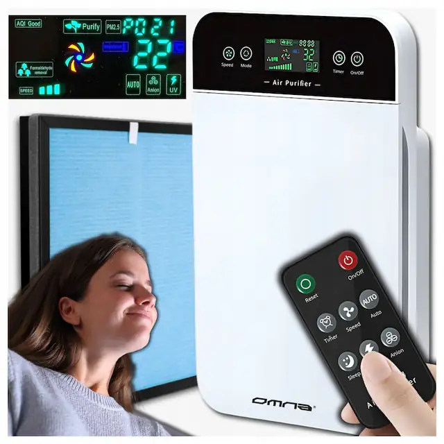 Purificator de aer, Omna, Model cu ionizator si lampa uv-c, Filtru hepa, Eficient pentru alergici, Camere 35-50m2, Ozonare, Telecomanda, Panou tactil, Monitorizare calitate aer
