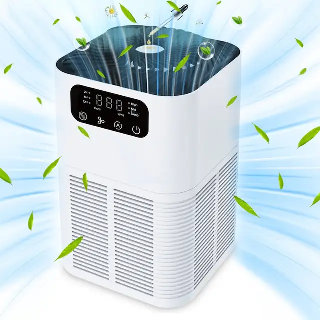 Purificator de Aer 2 in 1 cu Difuzor de Uleiuri Esentiale, Filtru HEPA & Carbune Activ, Ionizator, 3 Viteze, Silentios, Temporizator, Elimina Fum, Alergeni, Mirosuri, Praf, Ideal pentru Dormitor, Camera Bebelusului, Birou