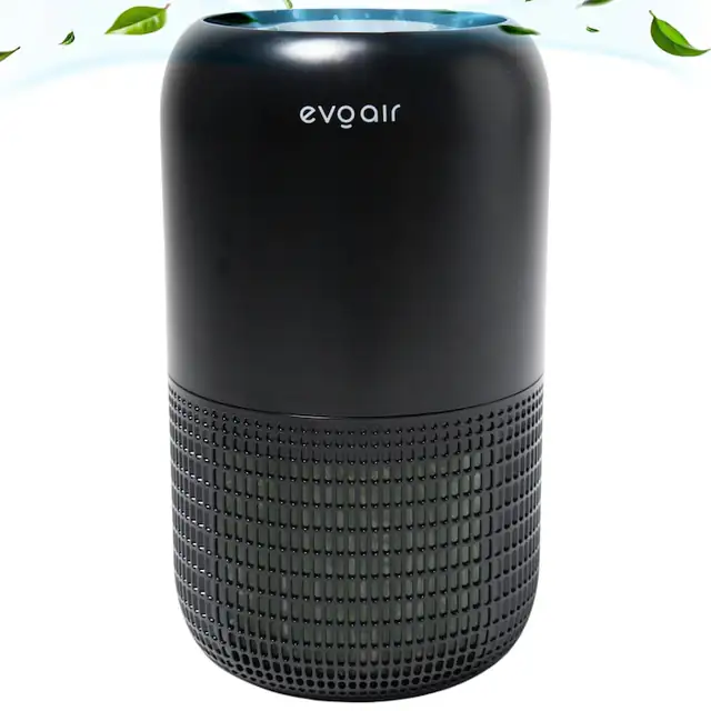 Purificator de aer Evoair, Yuvo, Lampa UV-C, Filtru 3in1, True Hepa, Carbon Activ, Pre-filtru, 4 viteze, Functie Polen/Animale, Mod Noapte, Blocare Ecran, Lumina Ambientala, Negru