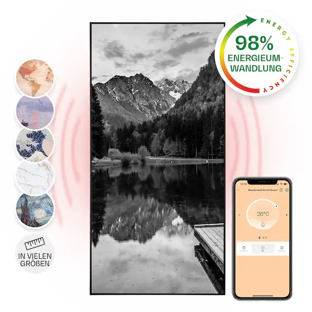 Klarstein, Wonderwall Air Art Smart, Incalzitor Cu Infrarosu, Mare Alb-Negru, 60 X 120 Cm, 700 W