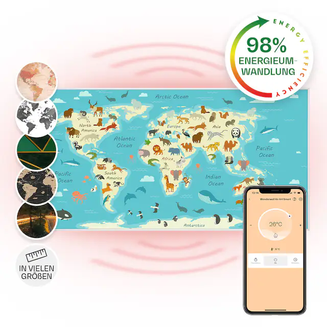 Panou radiant Klarstein Wonderwall Air Art Smart, incalzitor cu infrarosu, harta cu animale, 700 W, 120x60cm