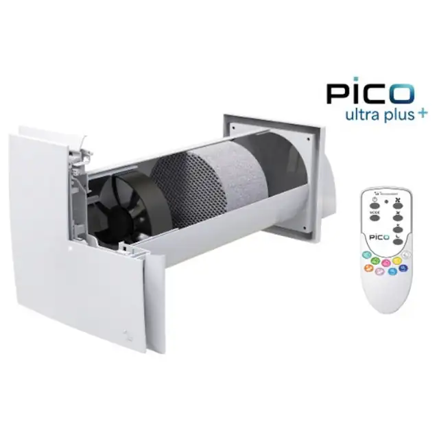 Centrala de ventilatie cu recuperare de caldura PICO ULTRA PLUS+ 60, ventilatie bidirectionala regenerativa, schimbator ceramic, recuperare energie pana la 90%, WiFi APP, indicator CO₂ si umiditate, Free Cooling, 60 m³/h, Ø153 mm